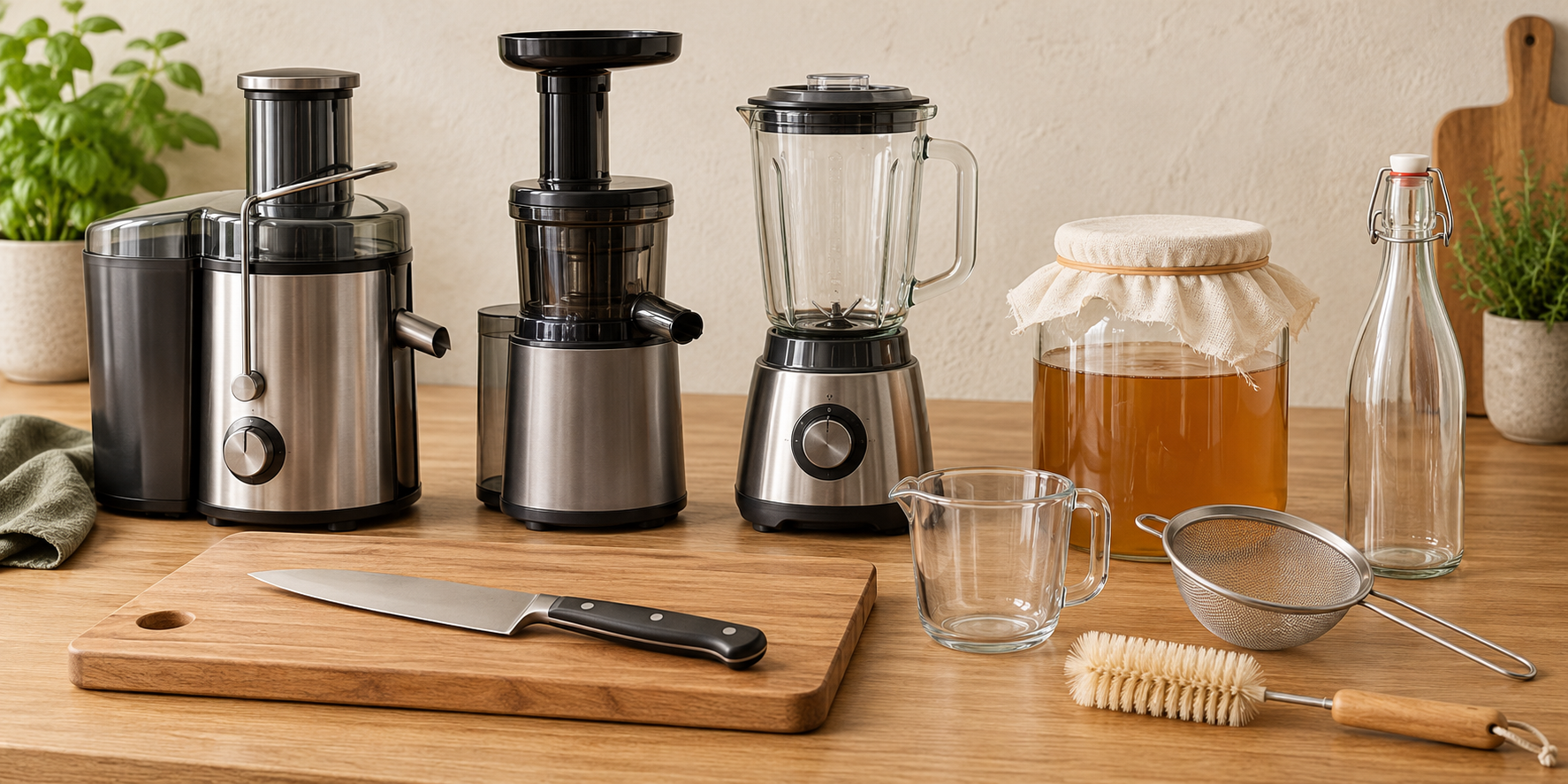 A centrifugal juicer, slow juicer, blender, fermentation jar, bottles, strainer, knife, board, measuring cup, and cleaning brush