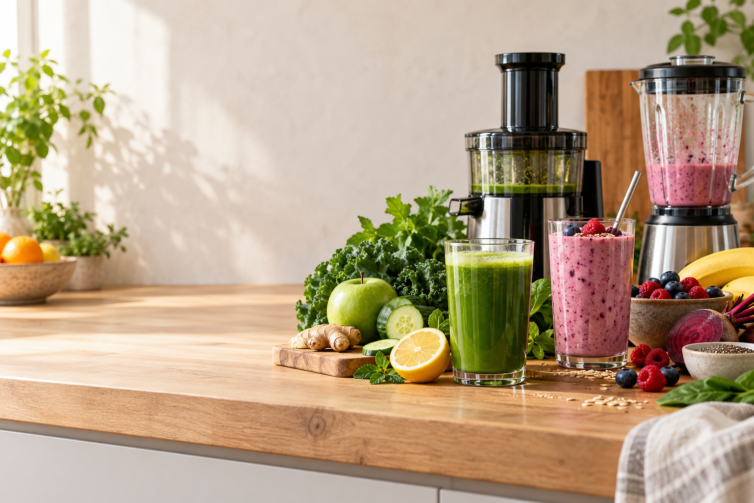 A green juice and berry smoothie beside a juicer, blender, and fresh produce