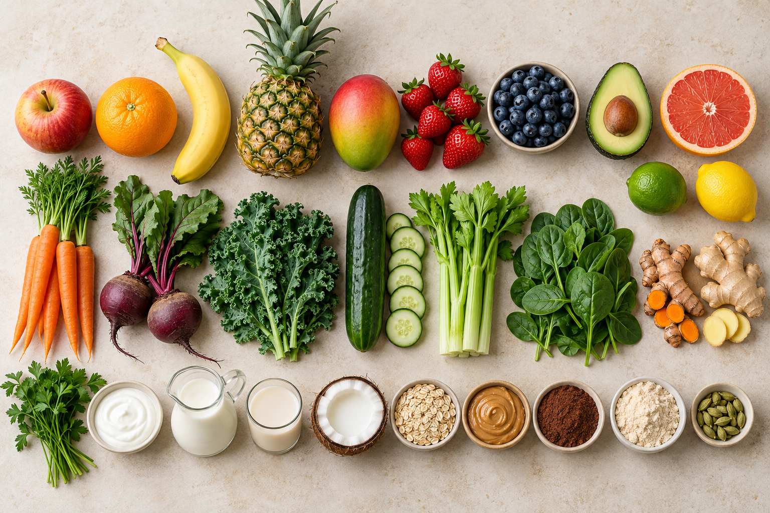 Overhead display of all 29 fruits, vegetables, herbs, bases, and mixers used in healthbev recipes